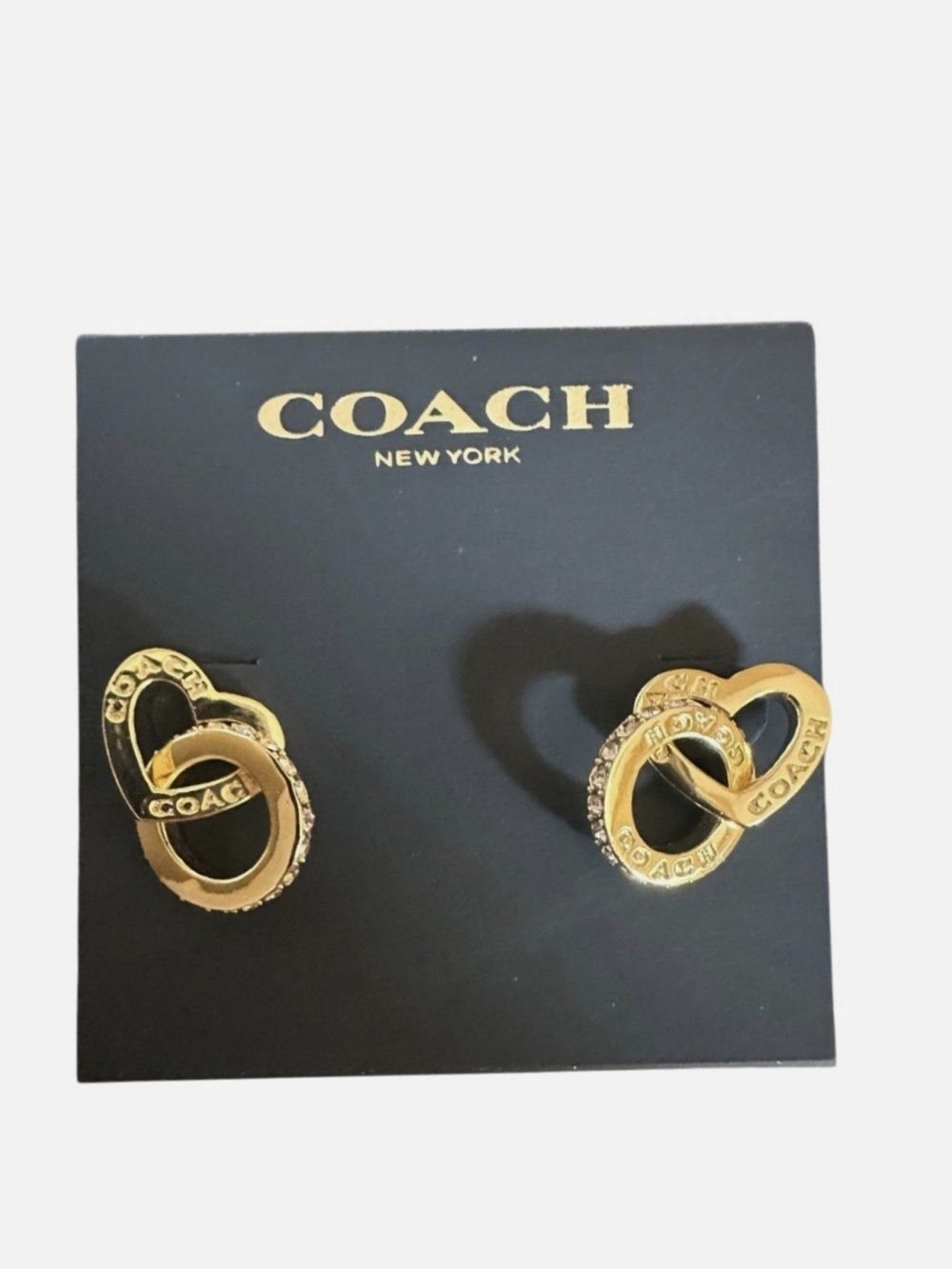 COACH Gold Interlocking Heart Crystal Stud Earrings - Picture 2 of 8